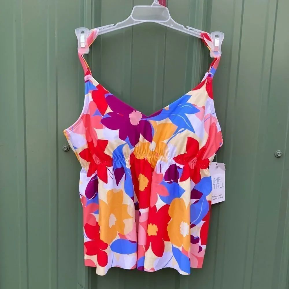 Women's Floral Flounce Tankini Modest Top Swimsuit Bathing Suit Size S